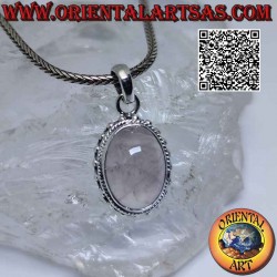 Silver pendant with cabochon oval rose quartz surrounded by interweaving and spaced balls