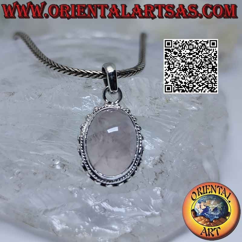 Ciondolo in argento con quarzo rosa ovale, intreccio e palline distanziate