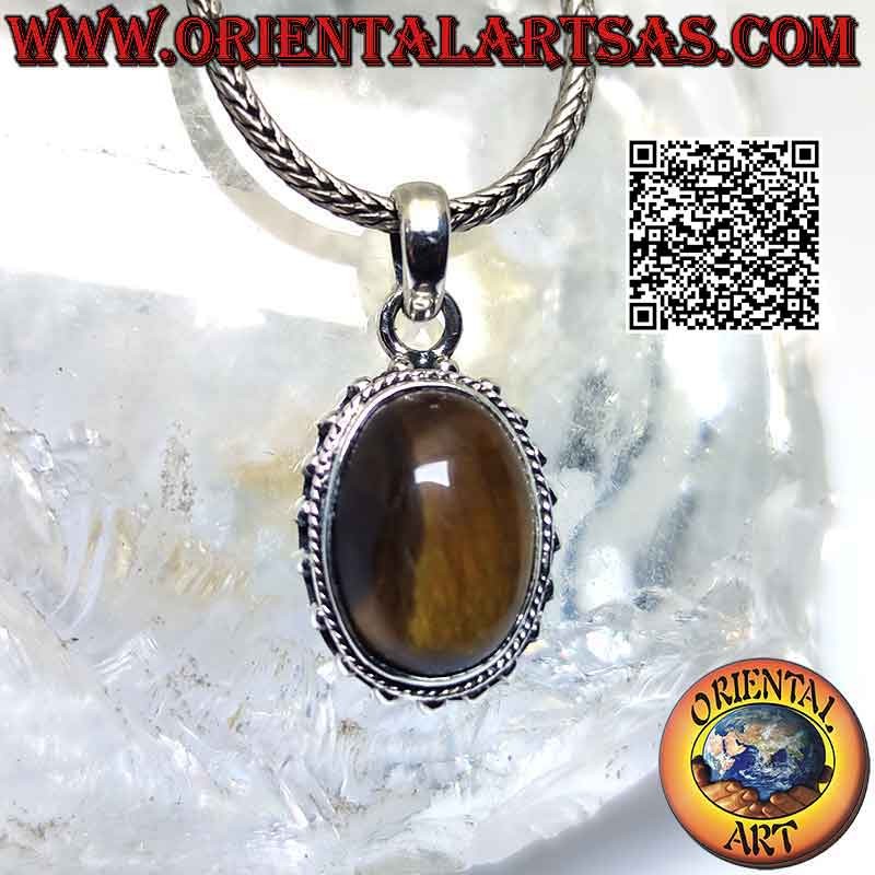 Silver pendant with cabochon oval tiger eye surrounded by intertwining and spaced balls
