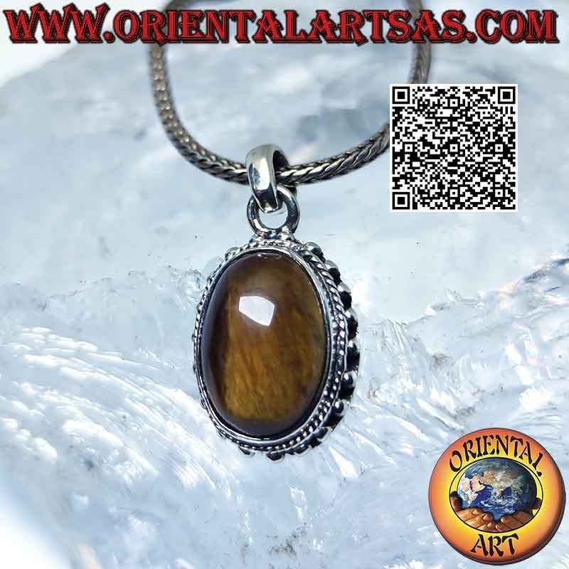 Colgante de plata con ojo de tigre ovalado y bolas espaciadas