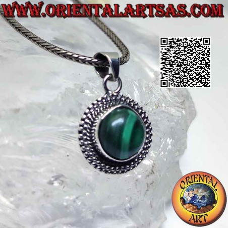 Silver pendant with cabochon round malachite surrounded by smooth microspheres of different sizes