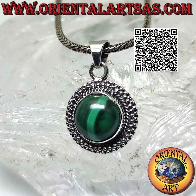 Silver pendant with cabochon round malachite and smooth microspheres