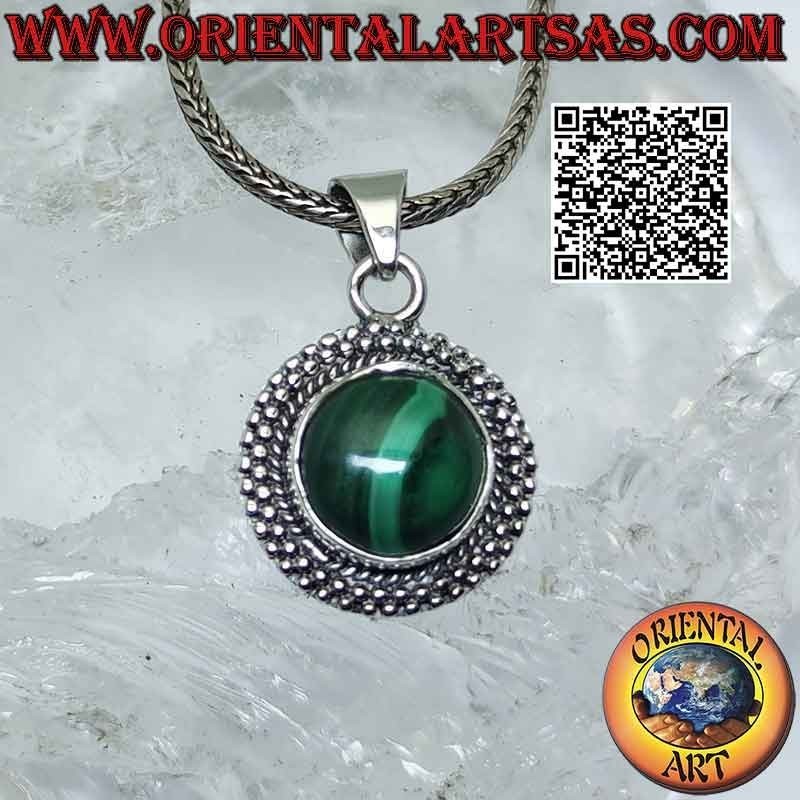 Silver pendant with cabochon round malachite and smooth microspheres
