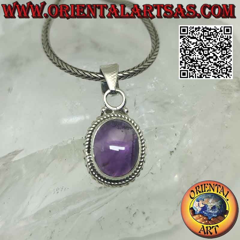 Silver pendant with cabochon oval amethyst surrounded by intertwining and smooth balls