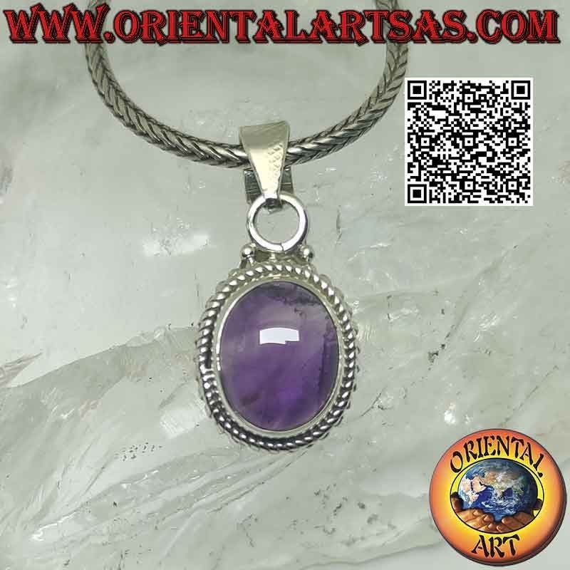 Pendentif en argent avec cabochon ovale améthyste, tissage et boules
