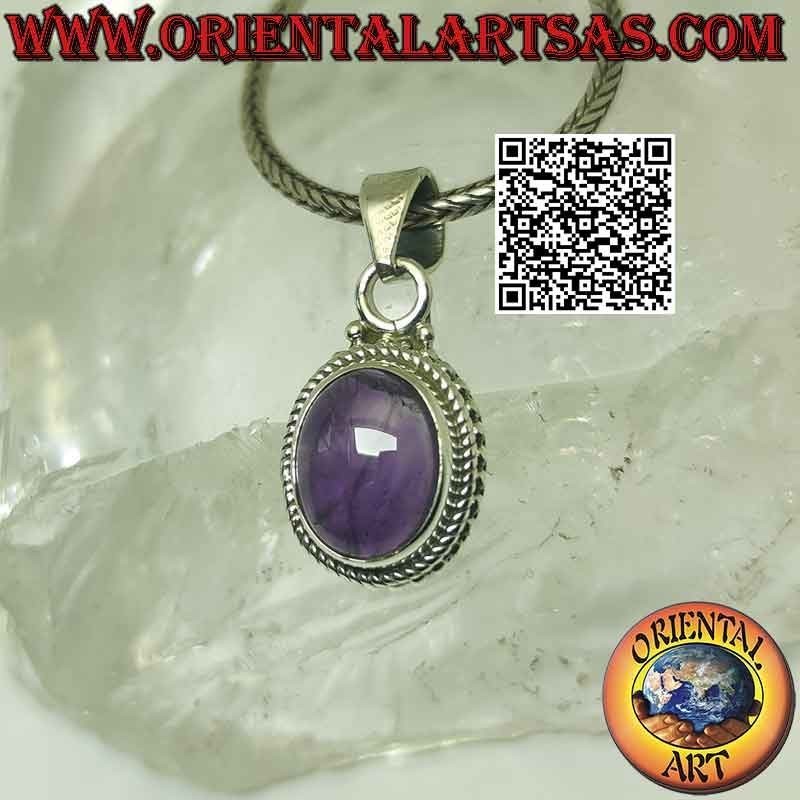 Pendentif en argent avec cabochon ovale améthyste, tissage et boules