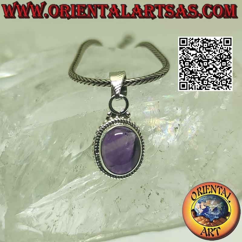 Silberanhänger mit ovalem Amethyst-Cabochon, Geflecht und Kugeln
