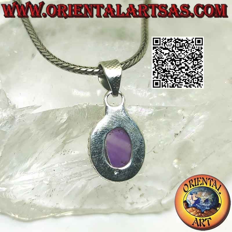 Colgante de plata con cabujón de amatista ovalada, tejido y bolitas