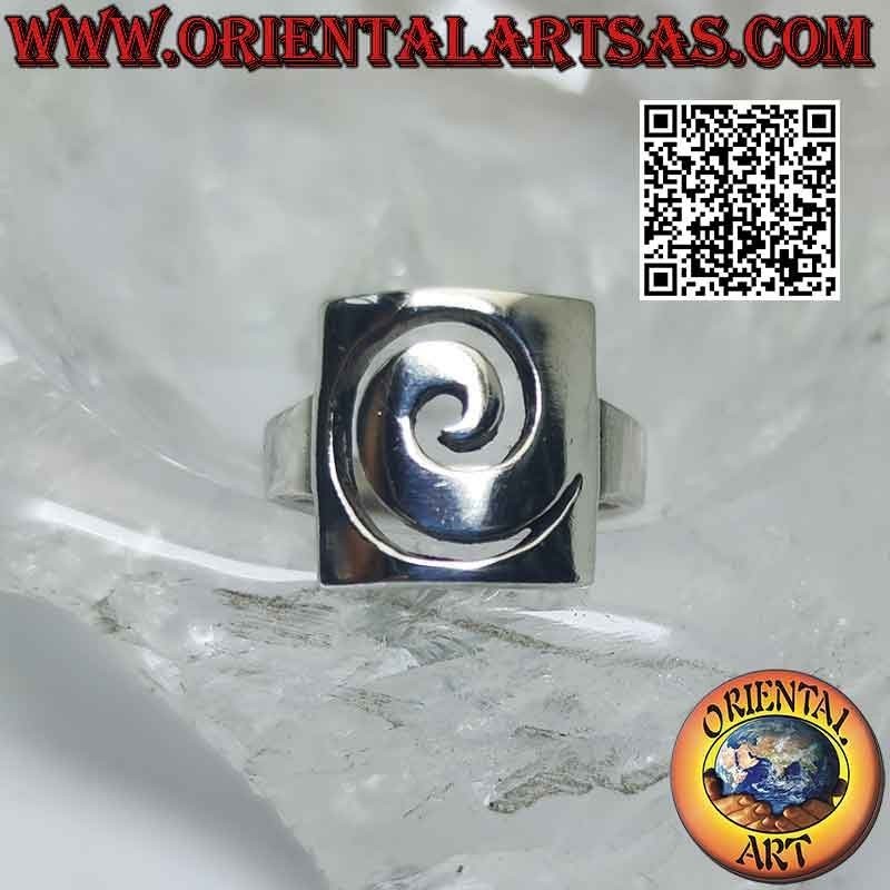 Smooth silver ring with spiral opening on a rectangular plate