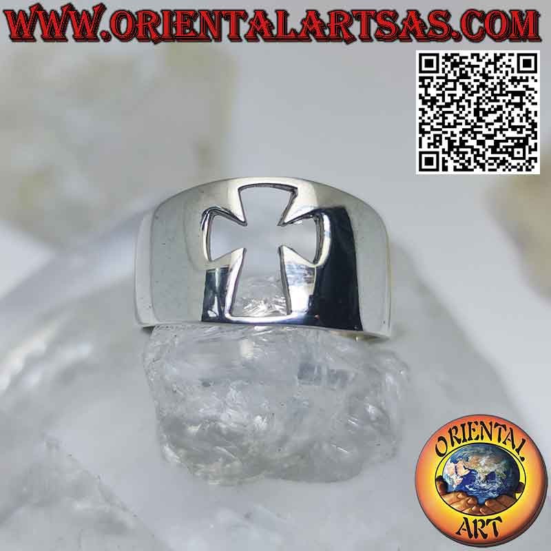 Anillo de plata lisa con banda de media luna con cruz calada