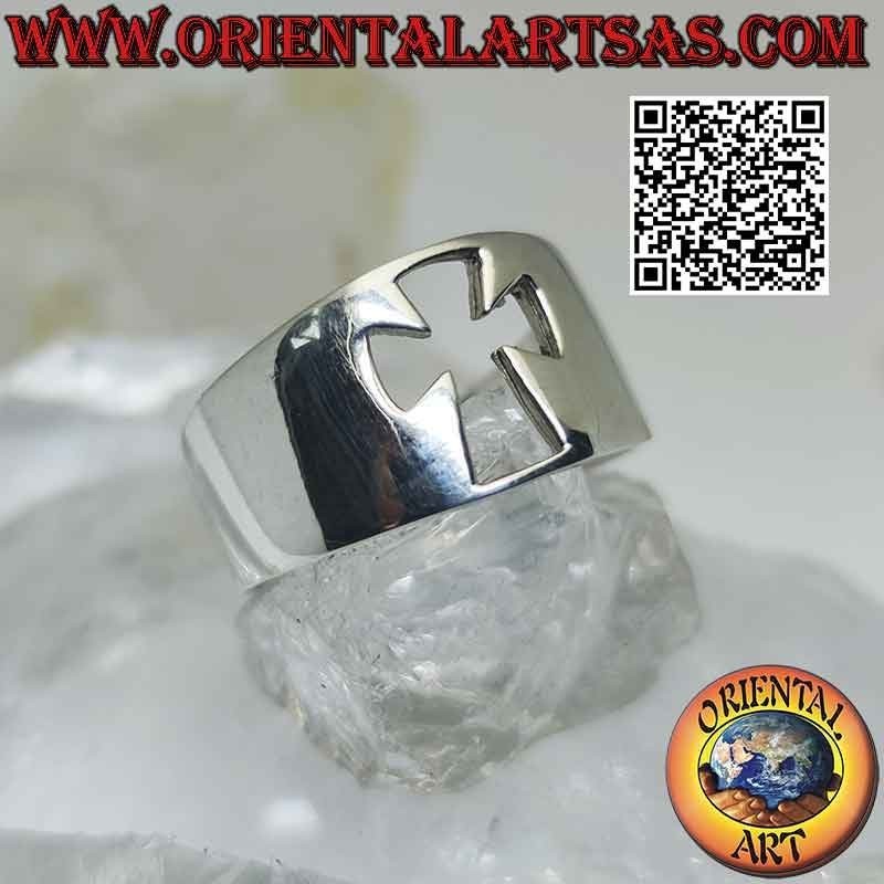 Glatter Silberring mit Halbmondband mit durchbrochenem Kreuz