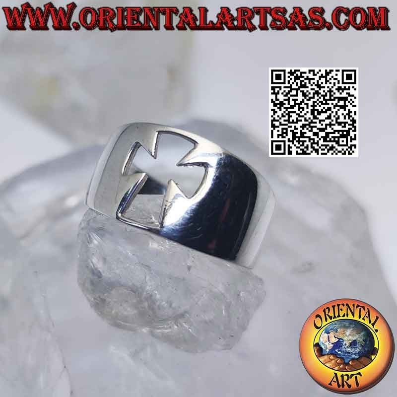 Bague en argent lisse avec bande croissant avec croix ajourée