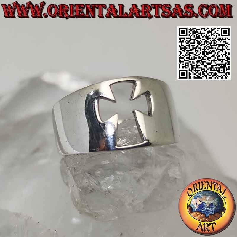 Glatter Silberring mit Halbmondband mit durchbrochenem Kreuz
