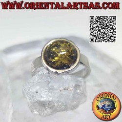 Silver ring with green cabochon round amber and 4 mm smooth band