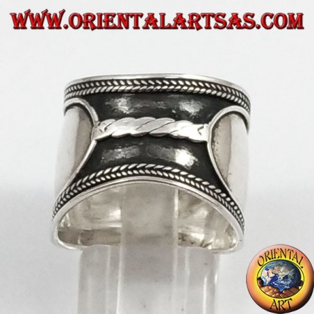 Silver wide band ring, Bali, central braid
