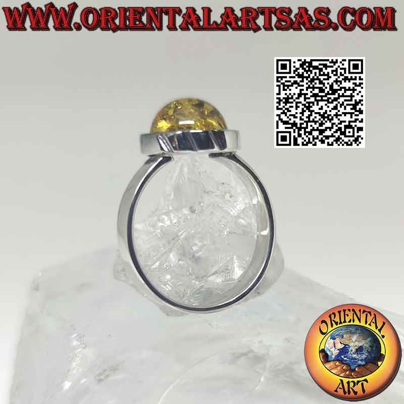 Silver ring with green round amber and 4 mm smooth band