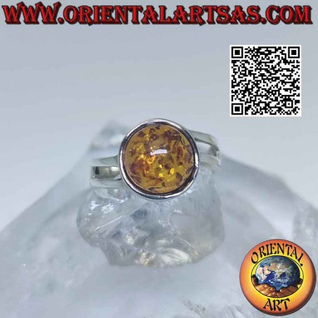 Silver ring with round cabochon amber and double asymmetrical hook