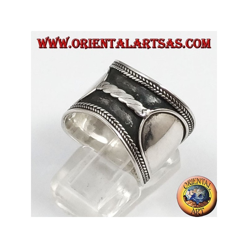 Anello fascia larga in argento, Bali, treccia centrale