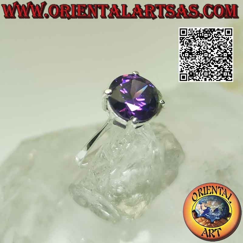 Anillo de plata con amatista sintética redonda facetada (Ø 8 mm)