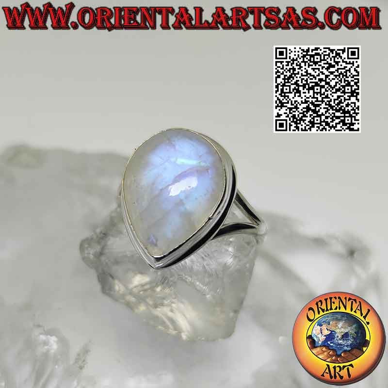 Silver ring with large cabochon drop rainbow moonstone, smooth edge and hooked to two