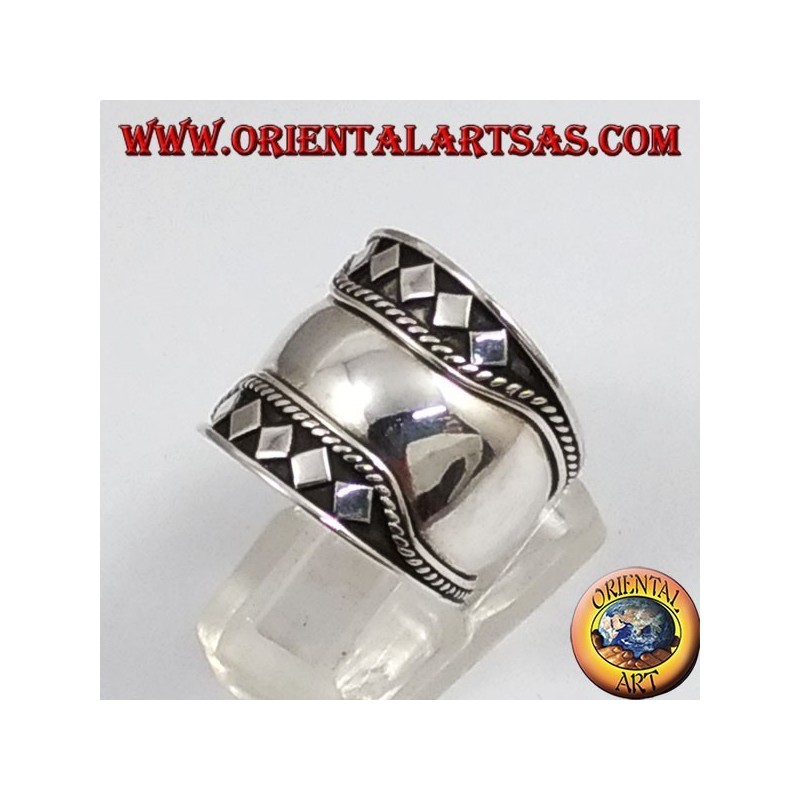 Silver wide band ring, Bali, rhombus