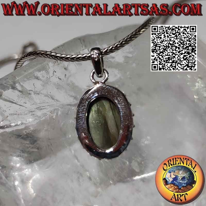 Silver pendant with oval labradorite, intertwining and spaced balls
