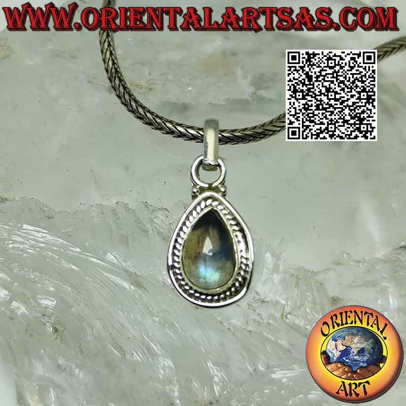 Silver pendant with natural teardrop labradorite surrounded by interweaving and smooth line