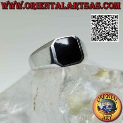 Silver ring with square onyx beveled flush with the edge on a smooth frame