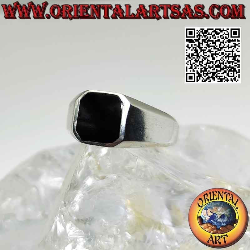 Silver ring with beveled square onyx and smooth frame