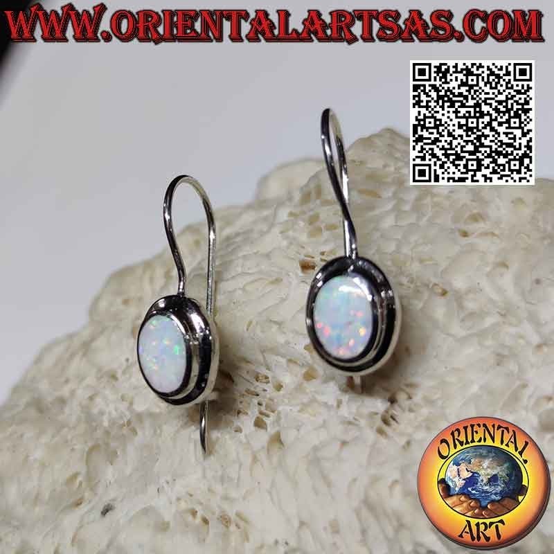 Silver earrings with oval harlequin opal with smooth edge