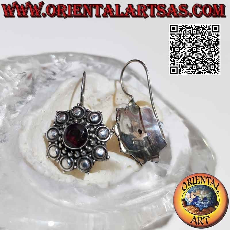 Silver flower earrings with round garnet balls and disks