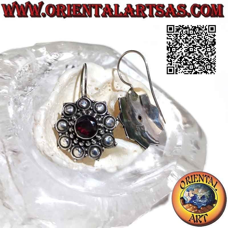 Silver flower earrings with round garnet balls and disks