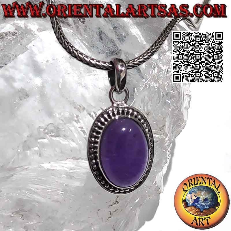 Ciondolo in argento con grande ametista ovale cabochon palline e riga