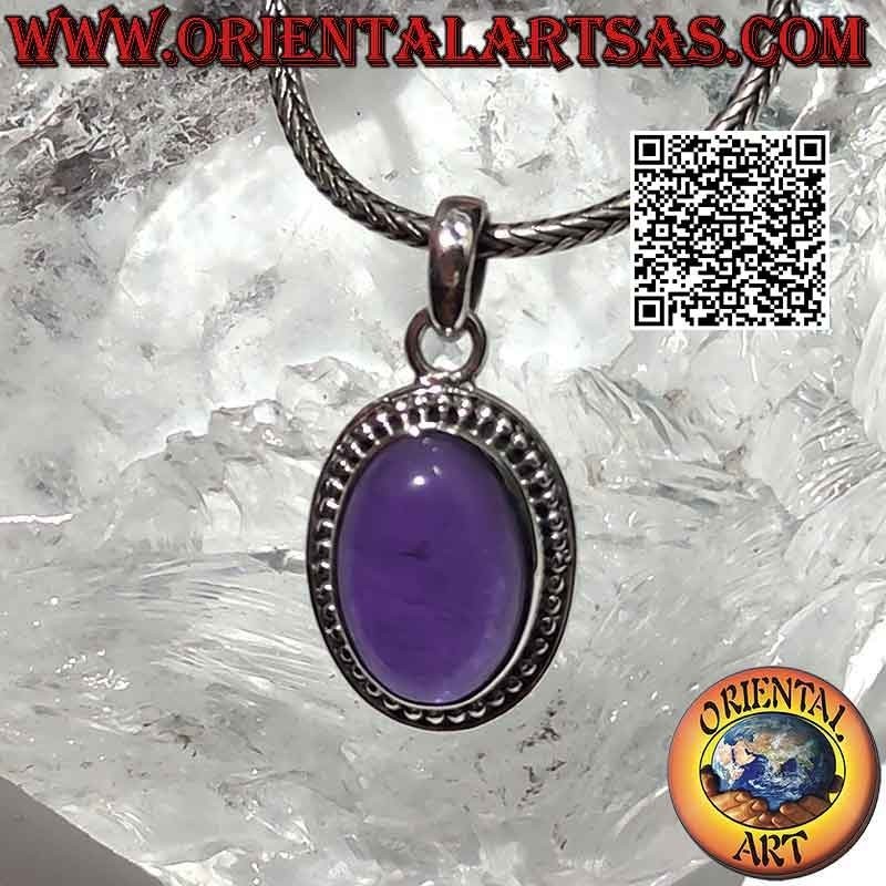 Colgante de plata con grandes bolas ovaladas de amatista cabujón y línea