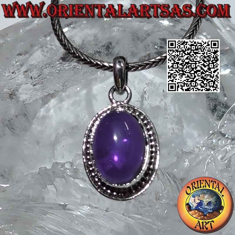 Pendentif en argent avec gros cabochon ovale en améthyste boules et ligne