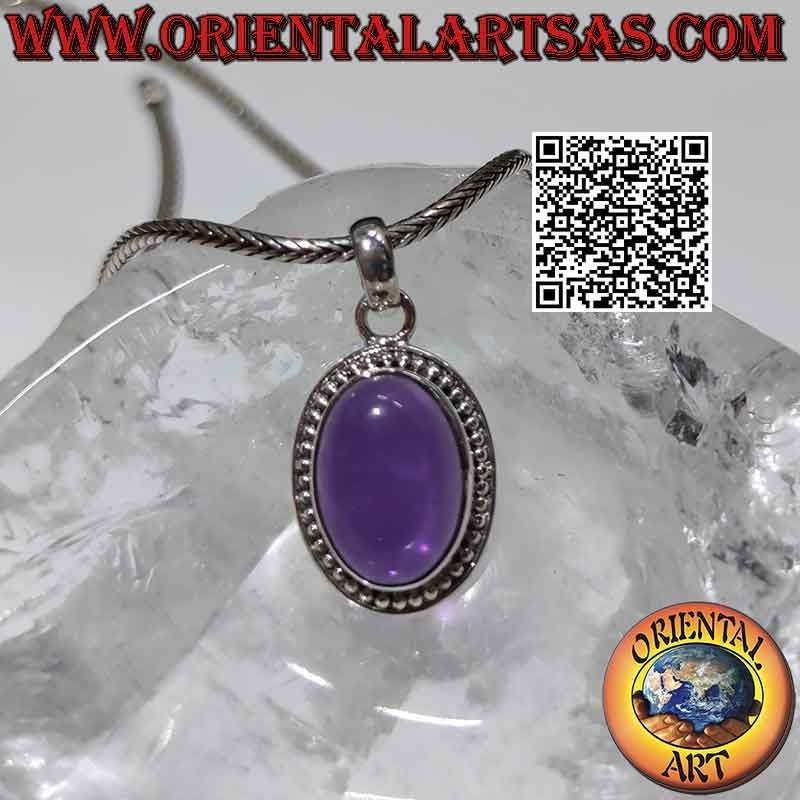 Ciondolo in argento con grande ametista ovale cabochon palline e riga