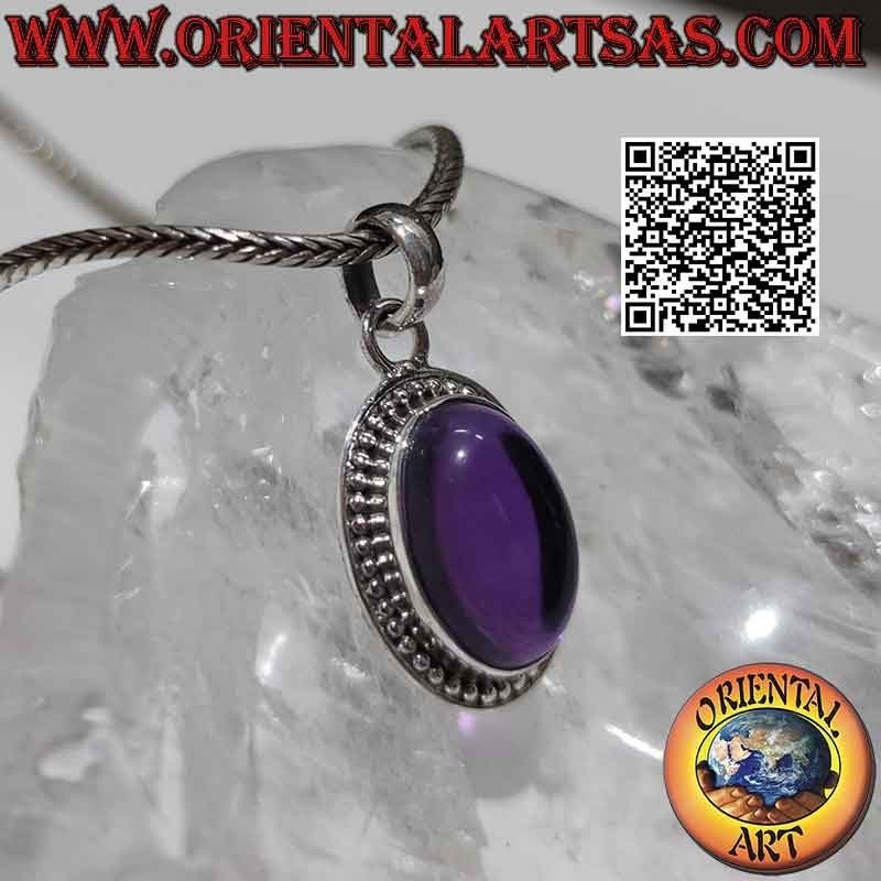 Ciondolo in argento con grande ametista ovale cabochon palline e riga