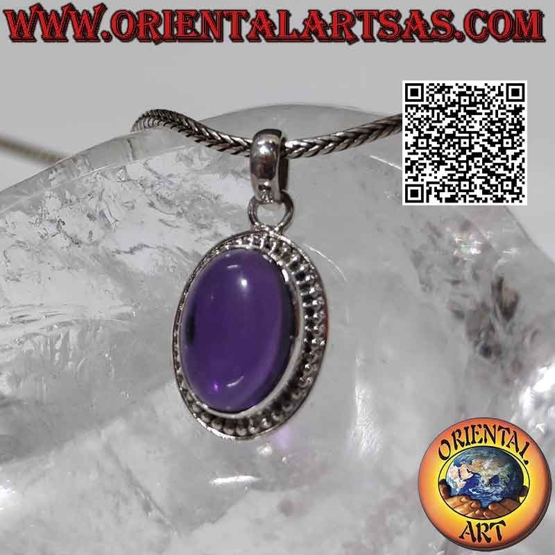 Silver pendant with large oval amethyst cabochon balls and line