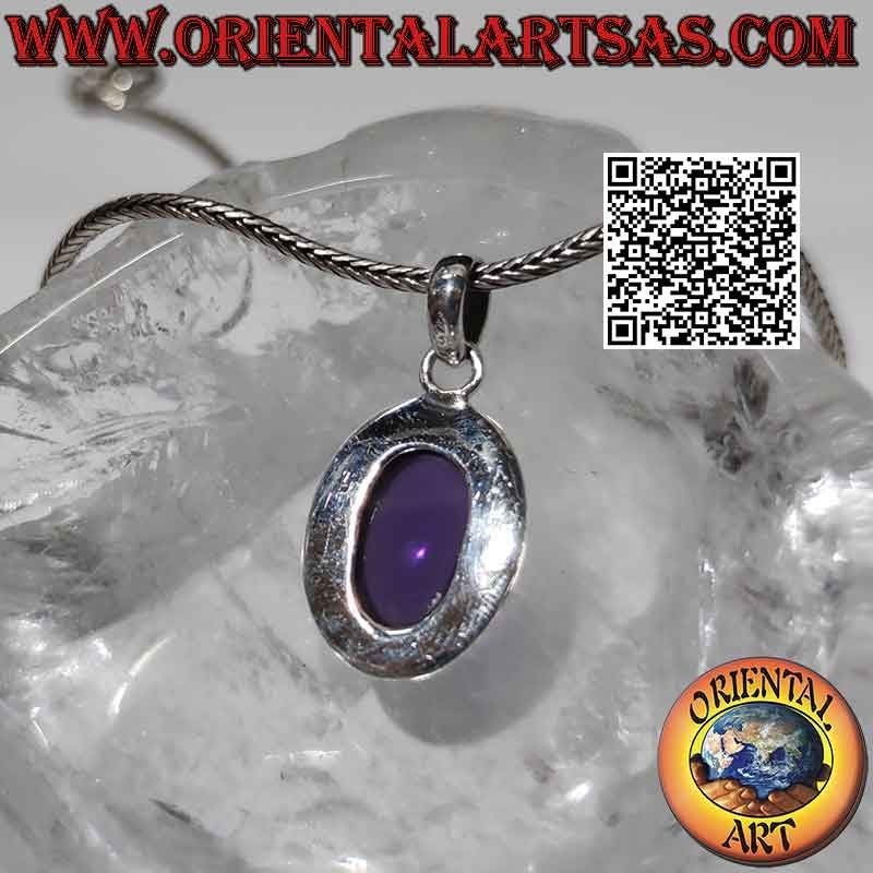 Ciondolo in argento con grande ametista ovale cabochon palline e riga