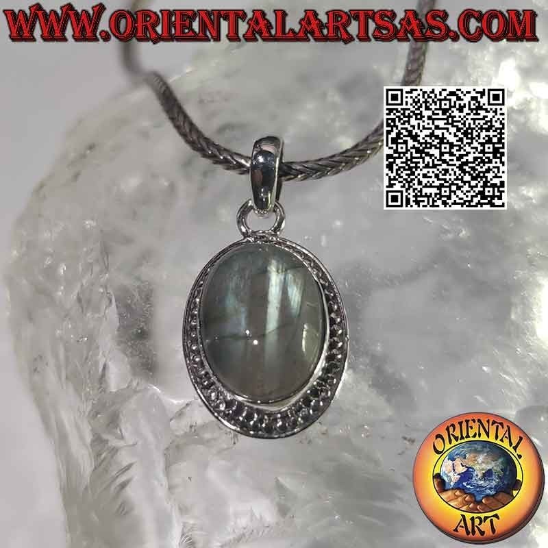 Ciondolo in argento con grande labradorite ovale cabochon palline e riga