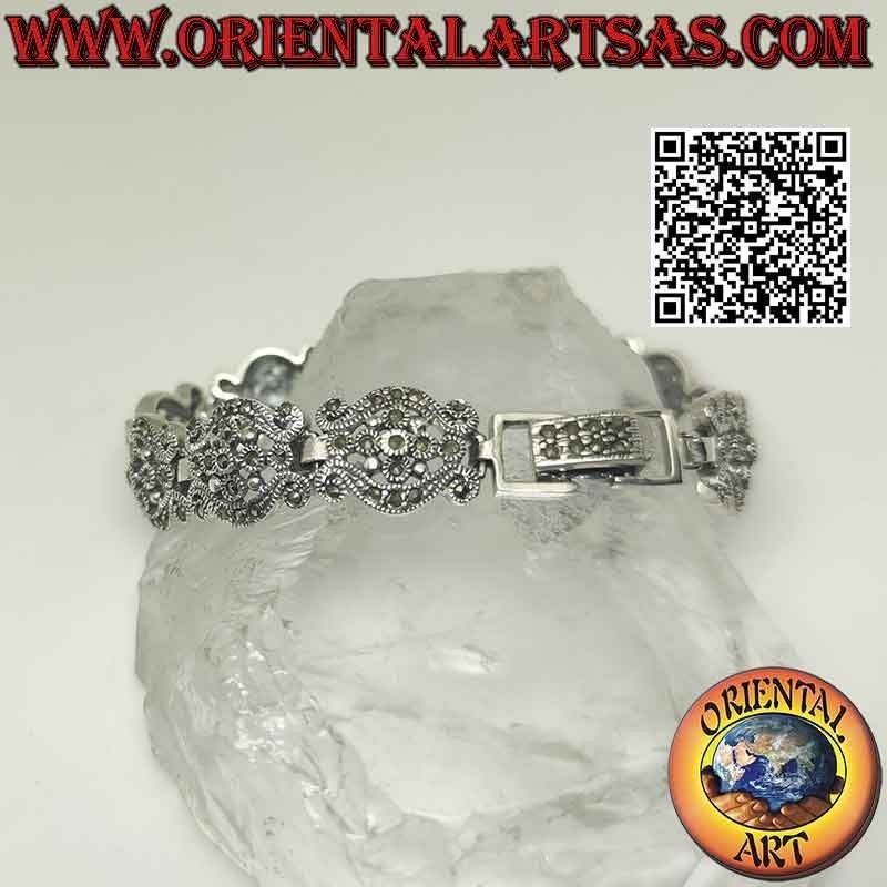 Bracelet en argent 925‰ avec vagues avec fleur centrale et marcassite