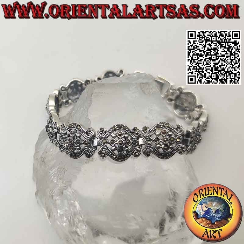 Bracelet in 925‰ silver with waves with central flower and marcasite