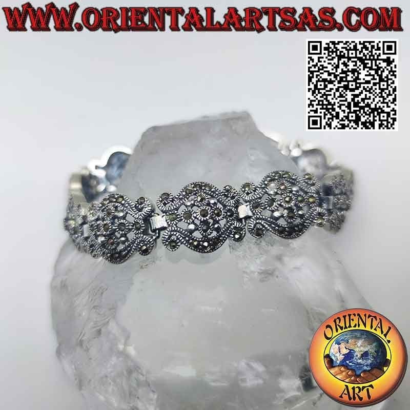 Armband aus 925‰ Silber mit Wellen mit zentraler Blume und Markasit