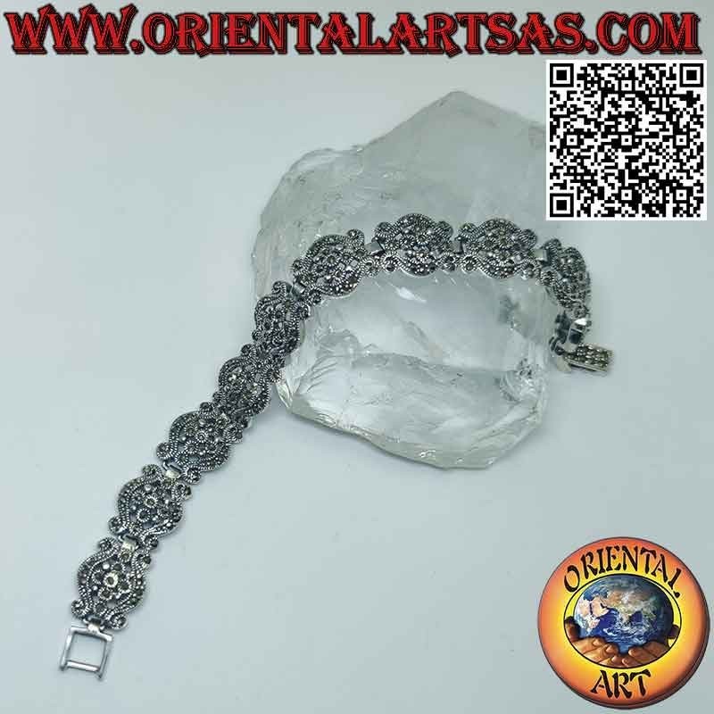Bracelet in 925‰ silver with waves with central flower and marcasite