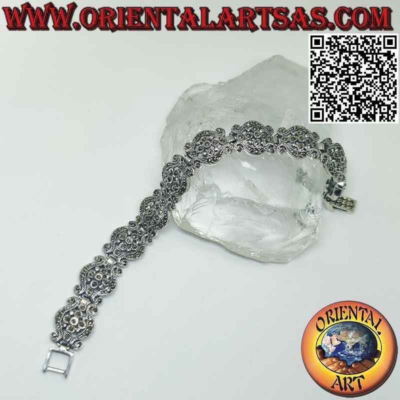 Armband aus 925‰ Silber mit Wellen mit zentraler Blume und Markasit
