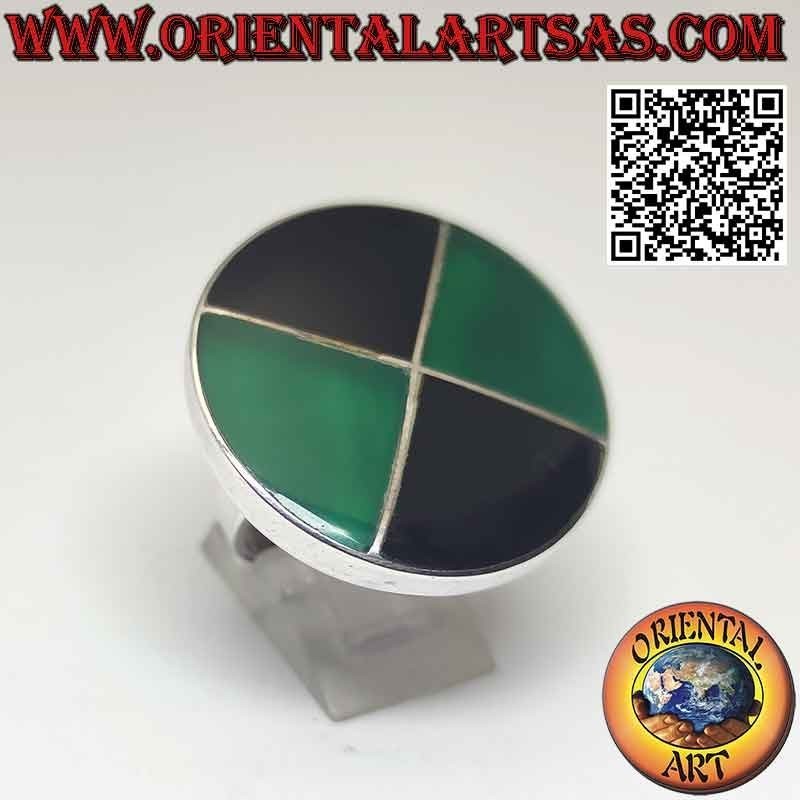 Round shield silver ring with slices of green agate and onyx
