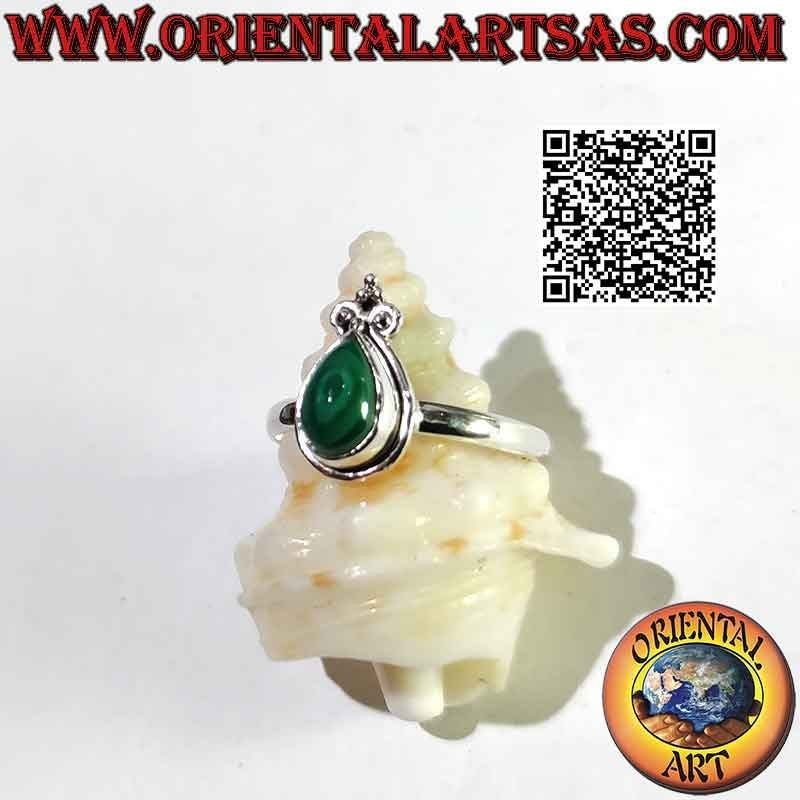 Silberring mit Cabochon-Tropfen aus Malachit, glattem Rand und Kronenlilie