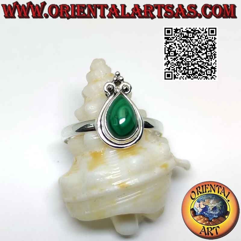 Silver ring with cabochon drop malachite, smooth edge and crown lily