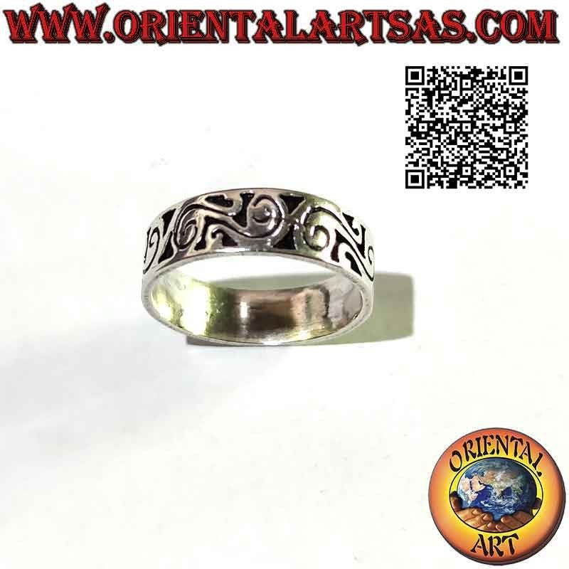 7 mm wide band silver ring. with engraved folk spirals