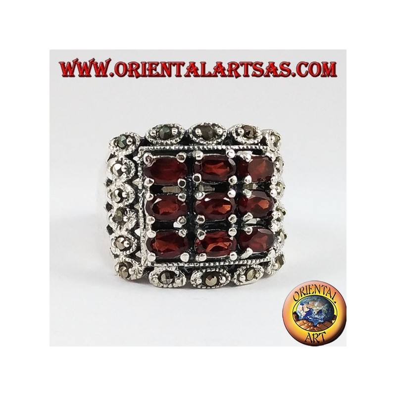 Silber Ring, mit 9 natürlichen Granat oval und Markasit
